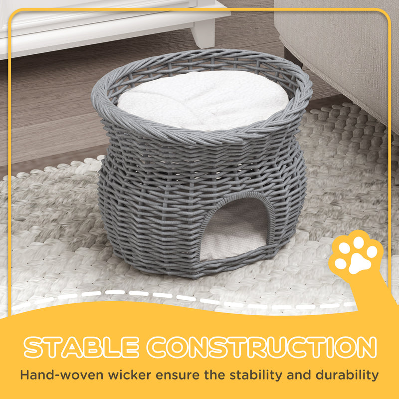 2 Tier Wicker Cat House with Washable Cushions Elevated Pet Bed for Kittens, Grey