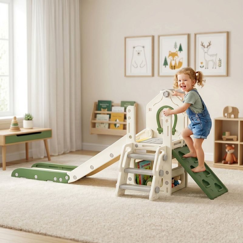 Toddler climbing the ladder on the cream slide set in a playroom with picture frames