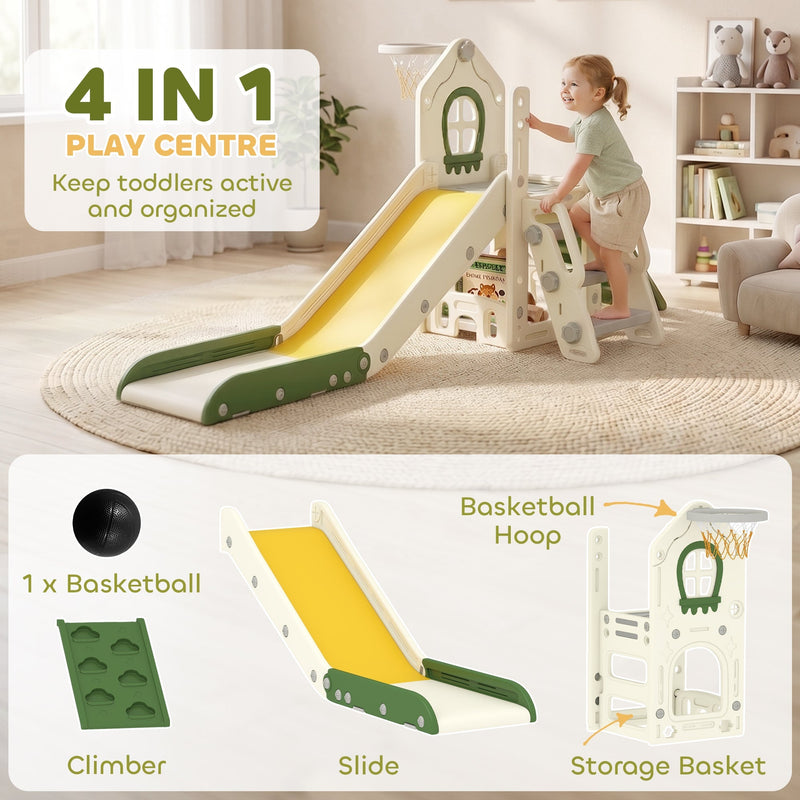 Play centre graphic listing the slide, climbing wall, basketball hoop and storage basket features