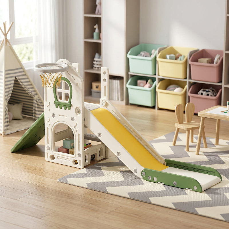 Cream slide set shown in a living room and kids playroom setting