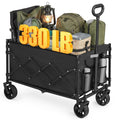 Ink Black foldable camping cart loaded with camping gear and a lantern, marked 330 lb capacity