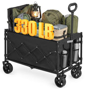 Ink Black foldable camping cart loaded with camping gear and a lantern, marked 330 lb capacity