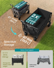 Storage comparison panel showing the cart holding two 24-inch suitcases at 150 litres