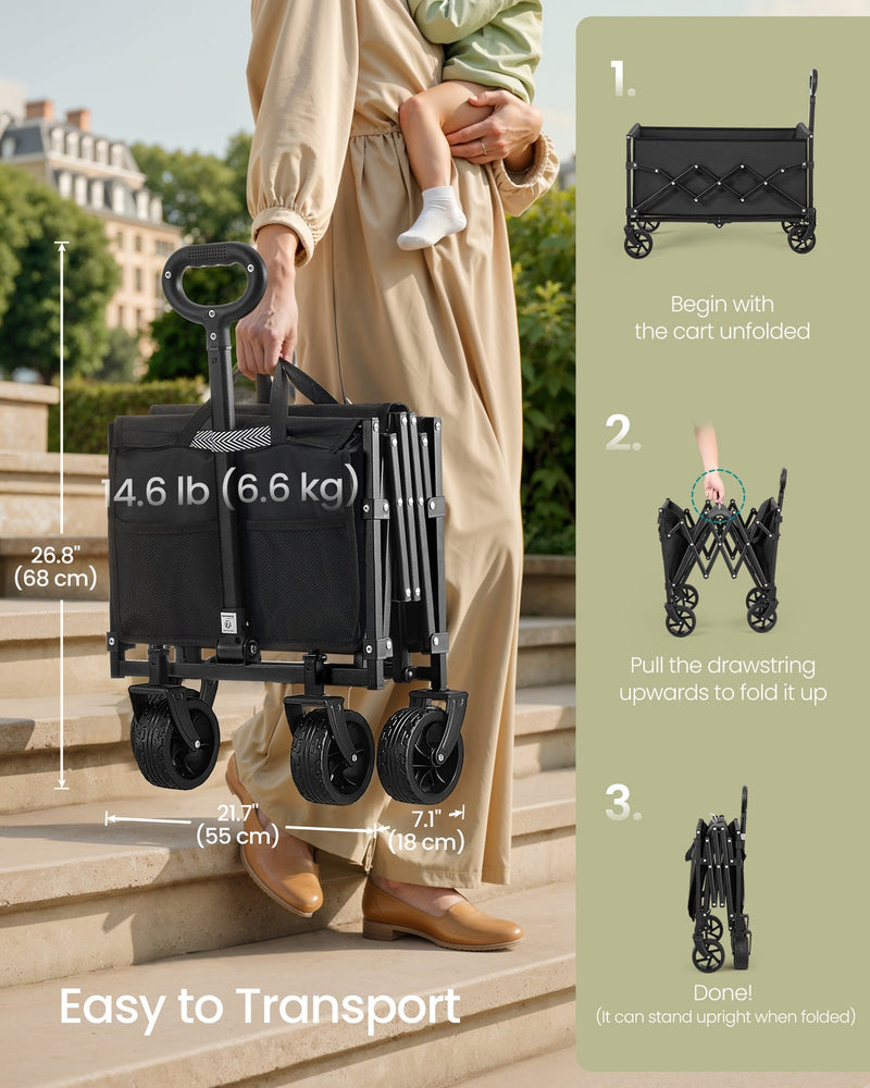 Folded cart carried up steps labelled 68 x 55 x 18 cm and 6.6 kg beside a three step folding guide