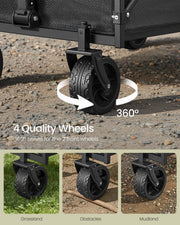 Close-up of a 360 degree swivel front wheel shown on grassland, obstacles and mud