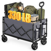 Slate Grey foldable camping cart loaded with camping gear and a lantern, marked 330 lb capacity