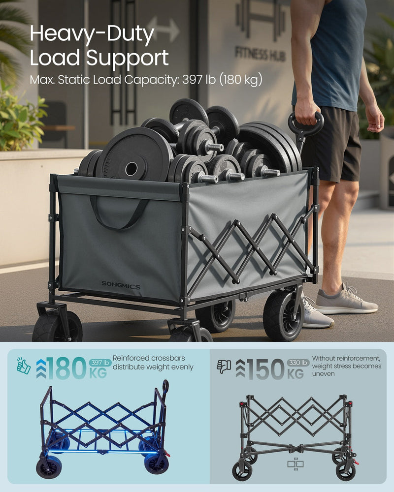 Dove grey cart loaded with weight plates alongside the 180 kg load support panel