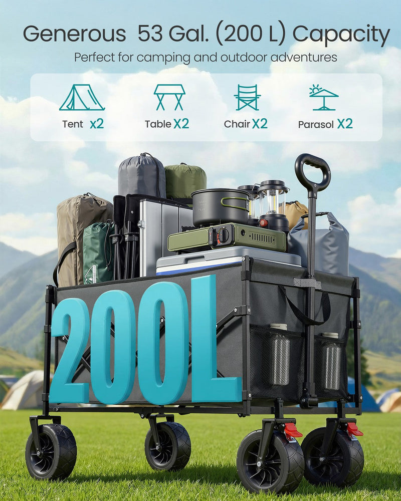 Dove grey cart beside a 200 L capacity graphic listing tents, tables, chairs and parasols