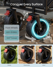 Wheel close-up on the dove grey cart showing the brake levers and swivel castors