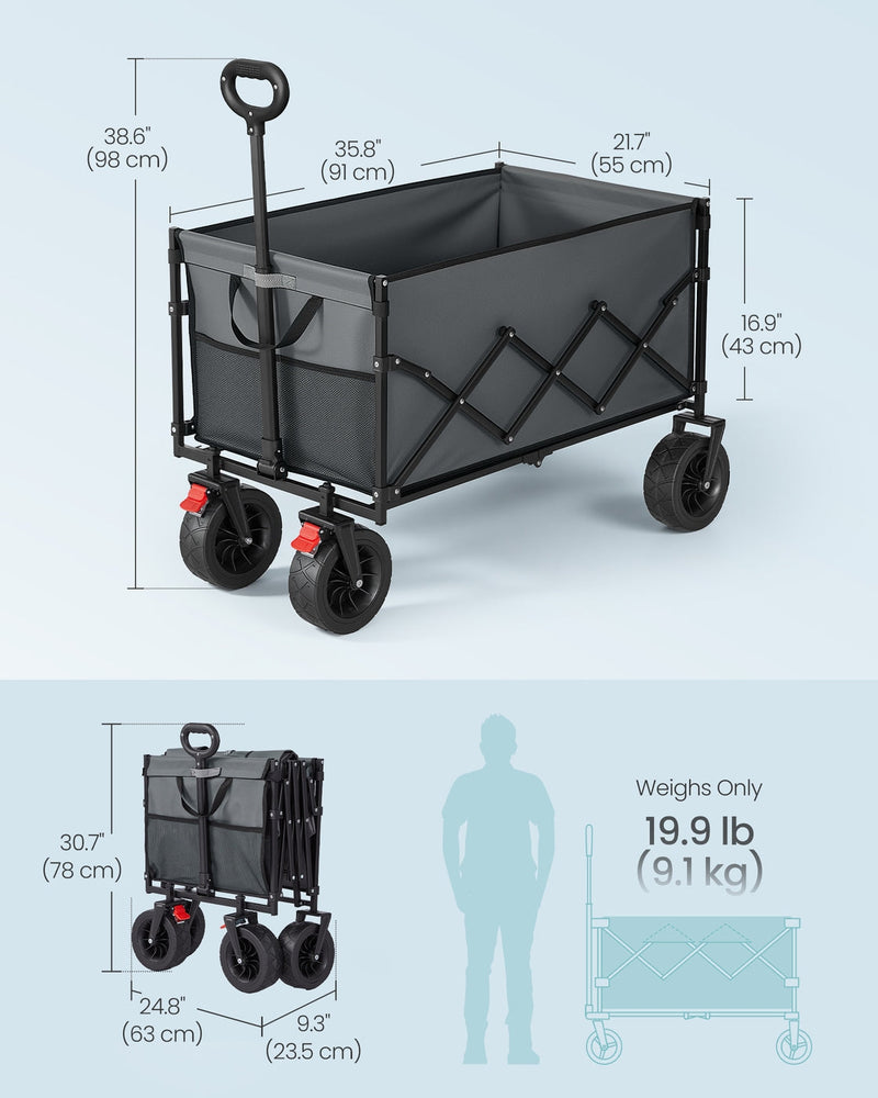 Dove grey cart dimensions diagram: 91 x 55 x 43 cm body and 98 cm with handle up