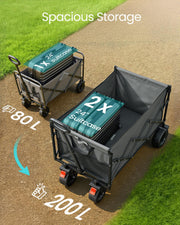 Suitcases loaded into the dove grey camping cart on a gravel path outdoors