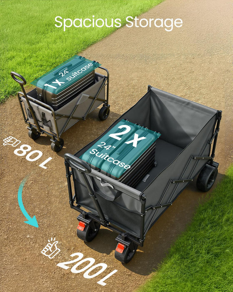 Suitcases loaded into the dove grey camping cart on a gravel path outdoors