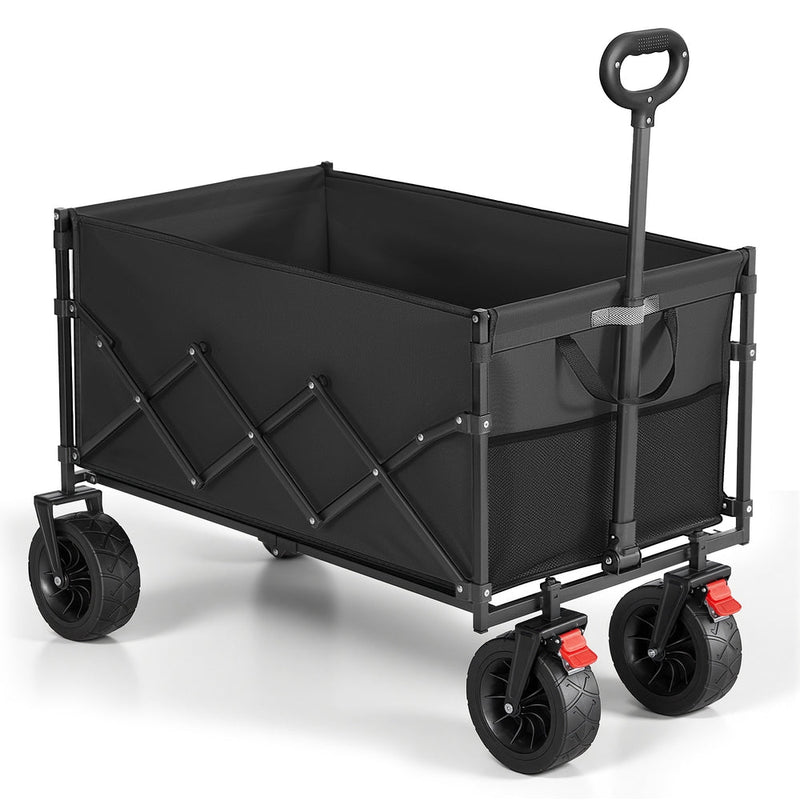 Ink black 200 L foldable camping cart on a white background with the pull handle raised