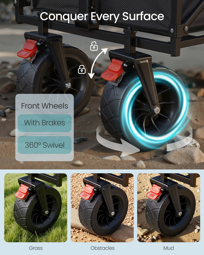 Close-up of the front wheels with brakes and 360 degree swivel on grass and mud