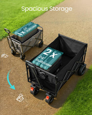 Two 24 inch suitcases being loaded into the ink black camping cart on a path