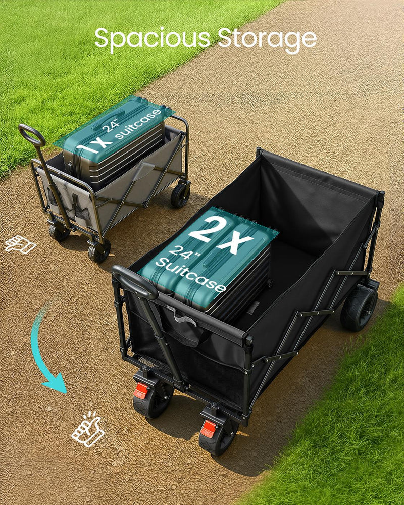 Two 24 inch suitcases being loaded into the ink black camping cart on a path