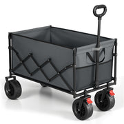 Dove grey 200 L foldable camping cart on a white background with the pull handle raised