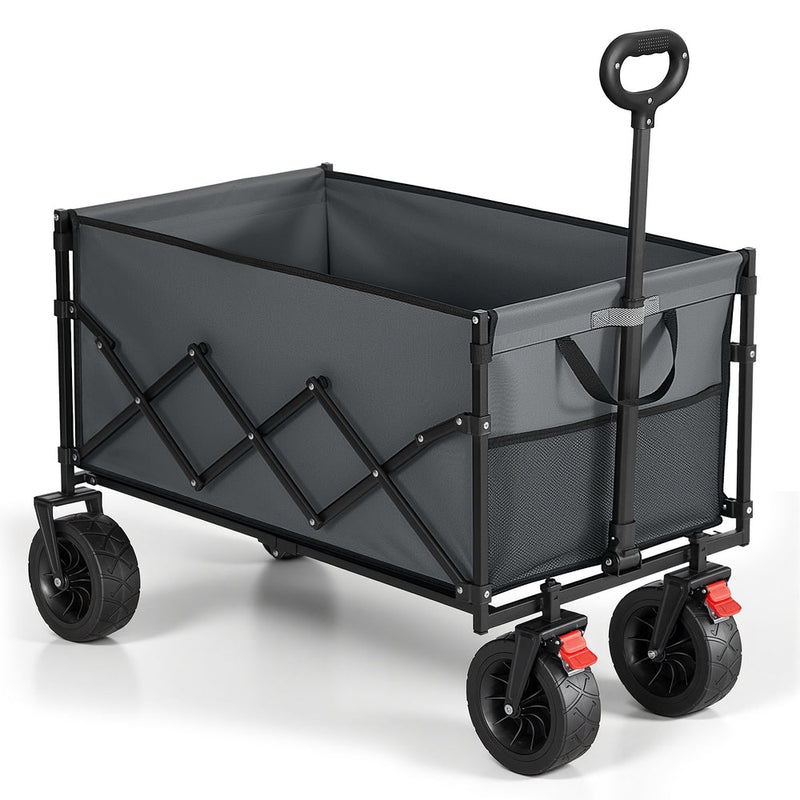 Dove grey 200 L foldable camping cart on a white background with the pull handle raised