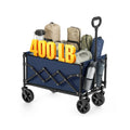 Midnight blue foldable camping cart loaded with camping gear and a 400 lb load capacity graphic