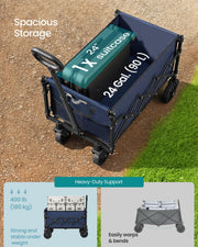 Camping cart shown holding a 24 inch suitcase with 90 L capacity and a 180 kg heavy-duty load rating