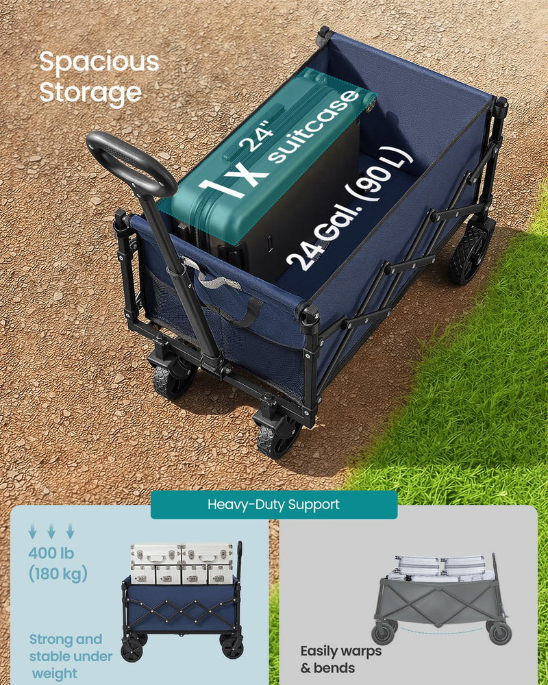 Camping cart shown holding a 24 inch suitcase with 90 L capacity and a 180 kg heavy-duty load rating