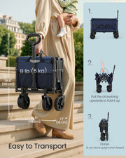 Folded camping cart dimensions showing 68 cm height, 42 cm length, 18 cm width and 5 kg weight, with folding steps