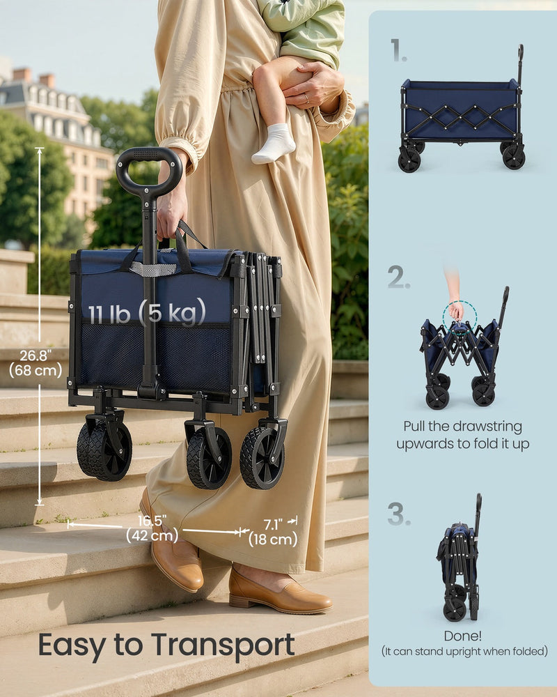Folded camping cart dimensions showing 68 cm height, 42 cm length, 18 cm width and 5 kg weight, with folding steps