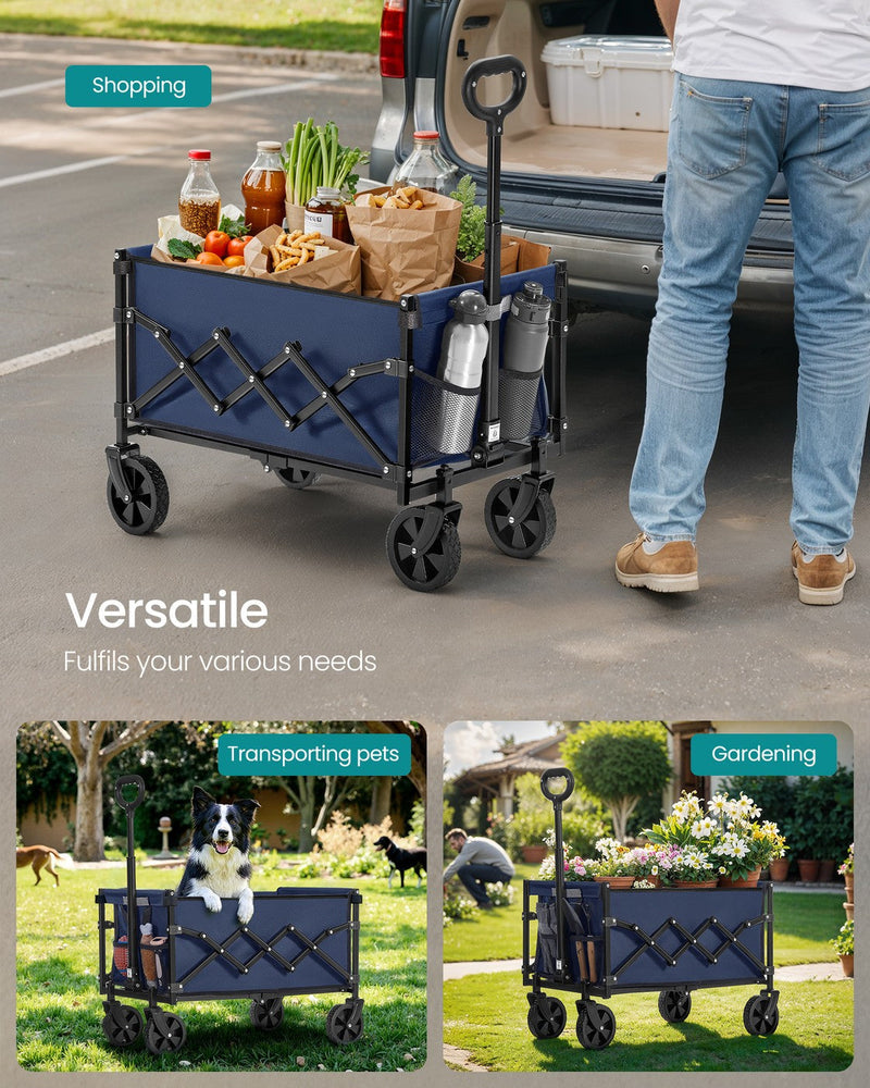 Camping cart being used for shopping, transporting a dog, and gardening