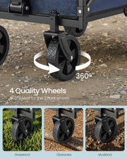 Close-up of a swivel wheel rotating 360 degrees shown on grass, gravel and mud terrain