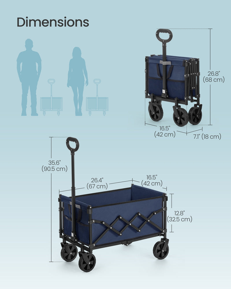 Dimension diagram of the camping cart showing folded size 42 x 18 x 68 cm and unfolded size 67 x 42 x 90.5 cm
