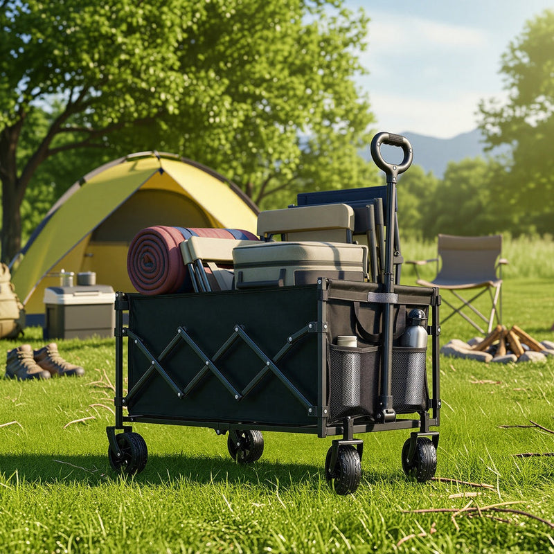 Folding wagon full of camping gear and a rolled mat on grass beside a yellow tent