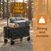 Trolley carrying firewood and a cool box on a forest track, labelled 150 kg load capacity