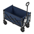 Empty midnight blue SONGMICS folding trolley with the handle raised and two mesh bottle pockets