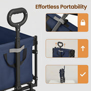 Close-up of the telescopic handle alongside a 3-step sequence showing the trolley folding flat