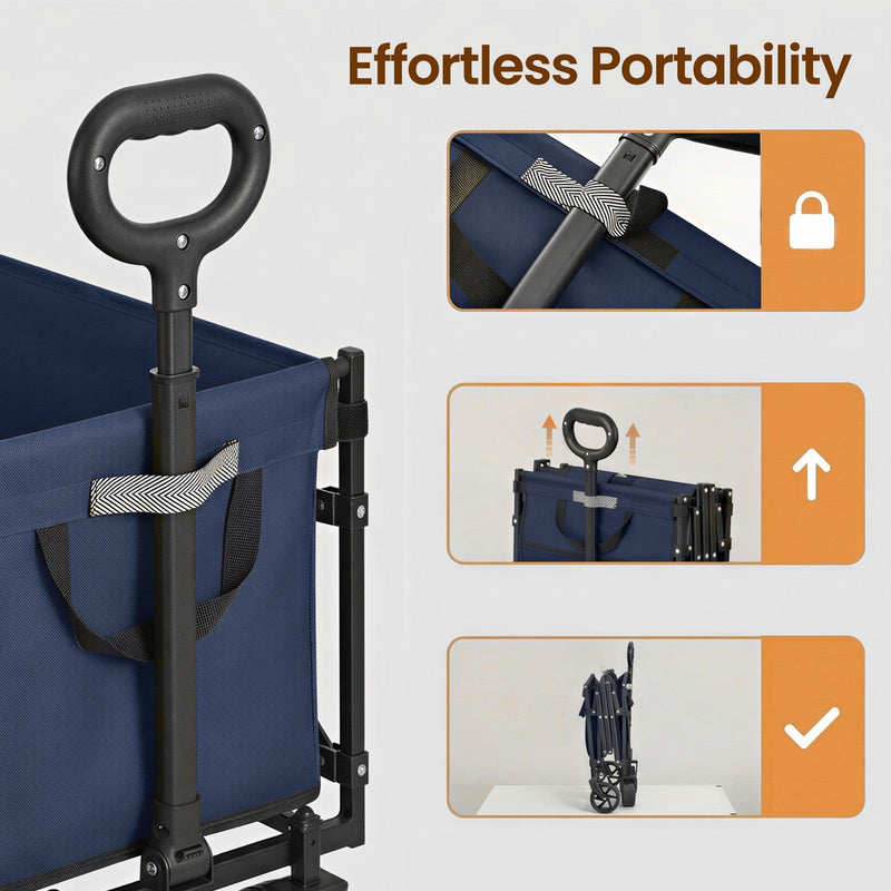 Close-up of the telescopic handle alongside a 3-step sequence showing the trolley folding flat