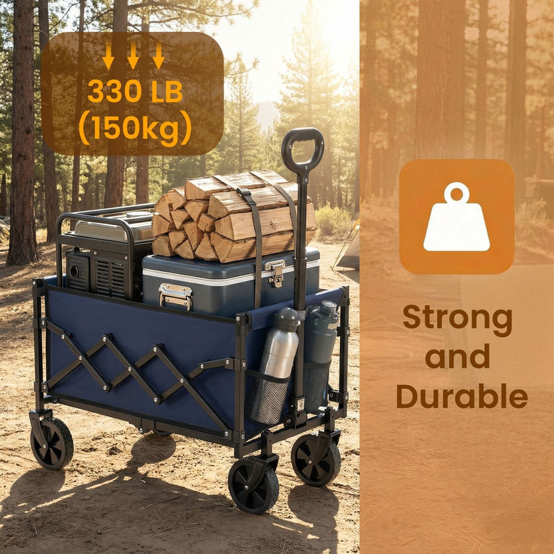 Trolley carrying firewood and a cool box in a forest, labelled with a 150 kg load capacity