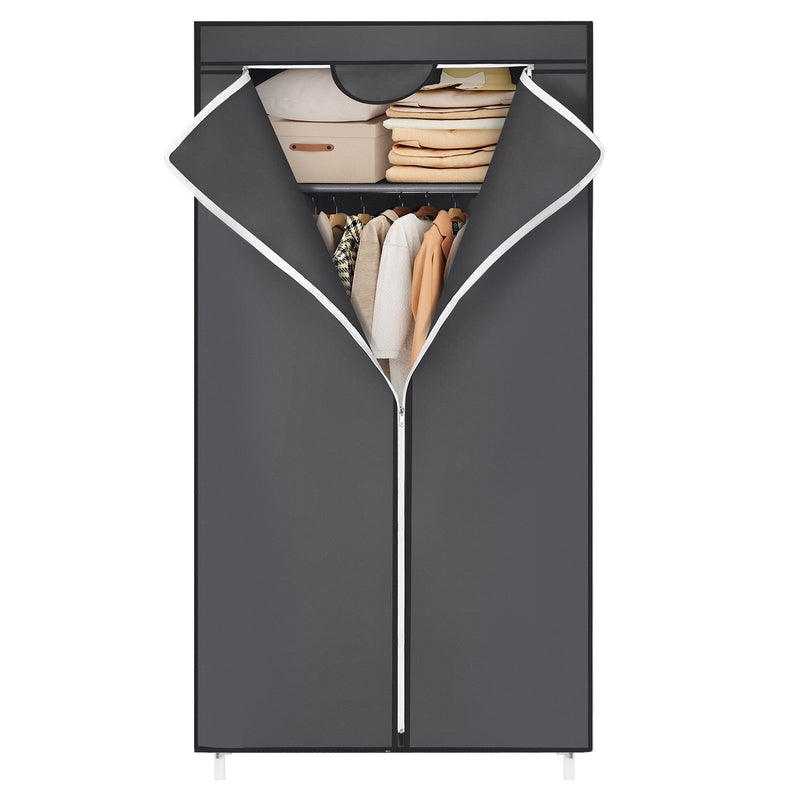 Grey canvas wardrobe unzipped showing hanging rail and clothes storage inside