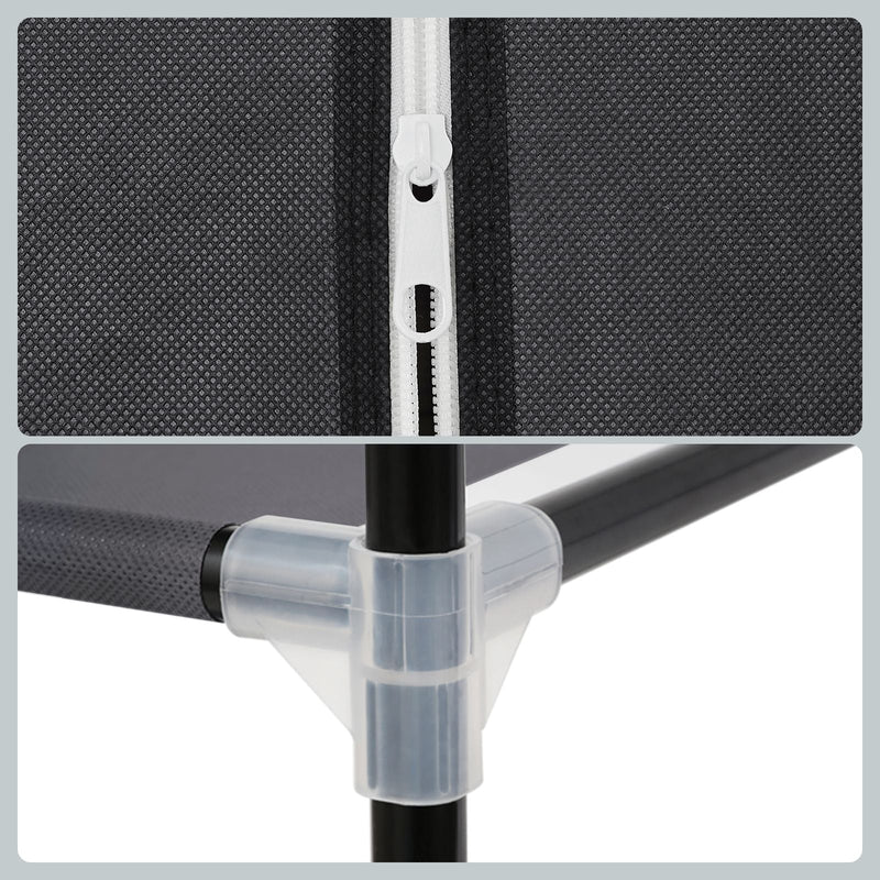Close-up of the dust-proof zip closure and metal tube joint on the wardrobe frame