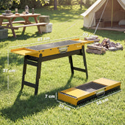 Dimensions diagram for the yellow Outsunny BBQ grill: 87 x 20 x 37 cm open, folds to 58 x 20 x 7 cm