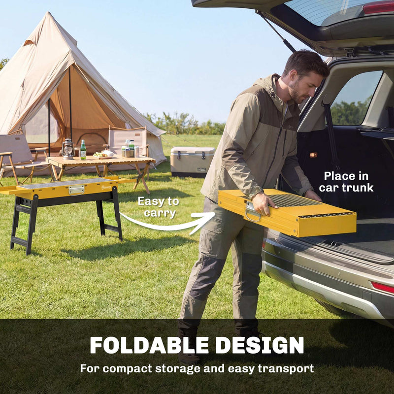 Yellow Outsunny BBQ grill folded flat and placed in a car boot for easy transport