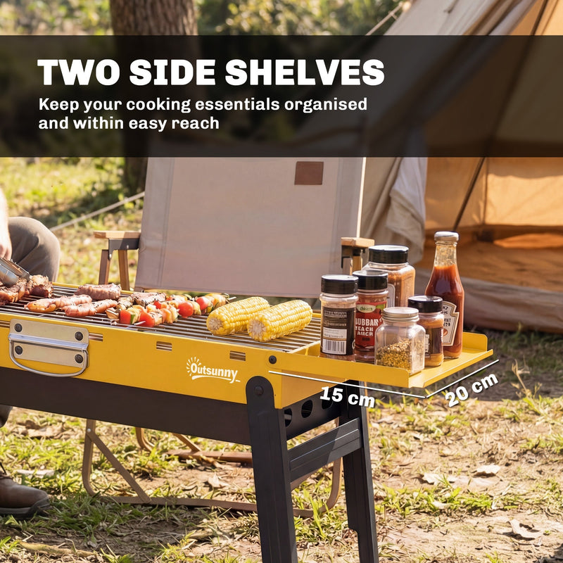 Yellow Outsunny BBQ grill showing the two fold-out side shelves, each 20 x 15 cm