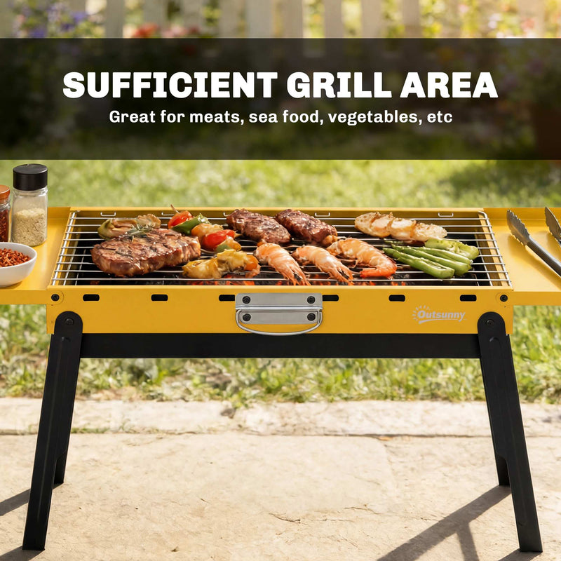 Yellow Outsunny BBQ grill grate loaded with meat, seafood and vegetables for grilling