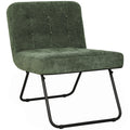 Light green chenille foldable accent chair with black metal frame on a white background