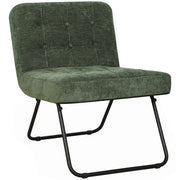 Light green chenille foldable accent chair with black metal frame on a white background