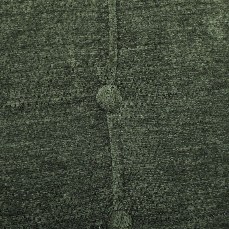 Close-up of a button and stitching on the light green chenille seat