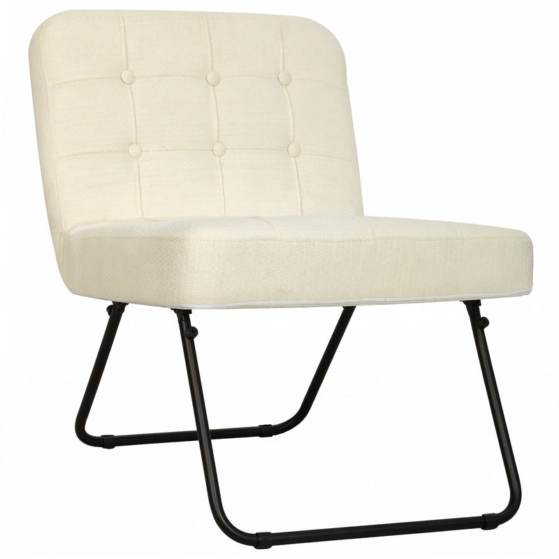 Cream white chenille foldable accent chair with black metal frame on a white background