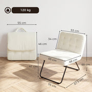 Cream accent chair dimensions diagram showing 55 cm width, 67.5 cm depth, 68 cm height and 120 kg capacity beside the folded chair