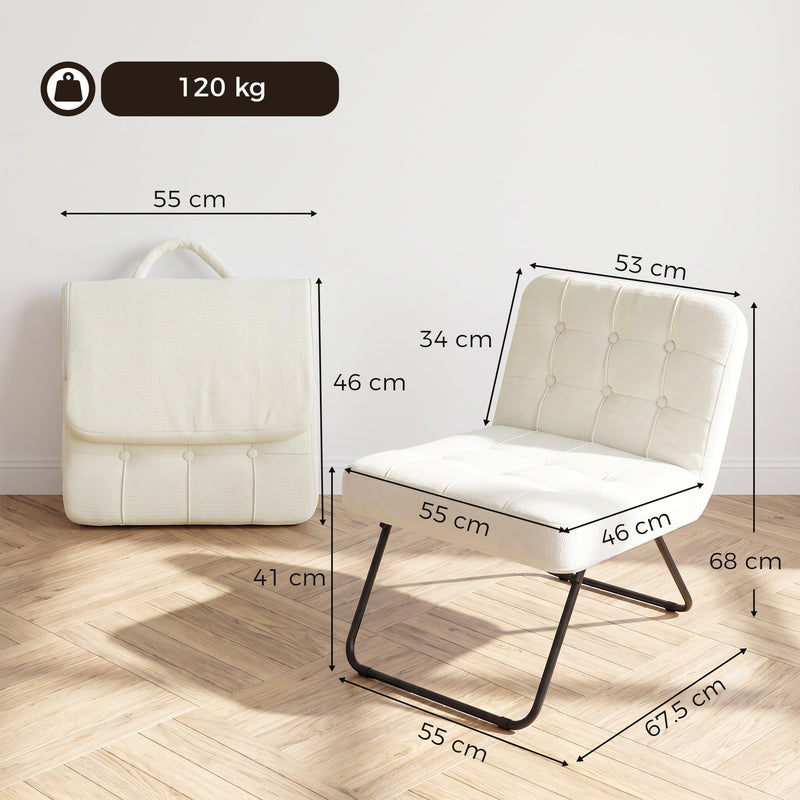 Cream accent chair dimensions diagram showing 55 cm width, 67.5 cm depth, 68 cm height and 120 kg capacity beside the folded chair