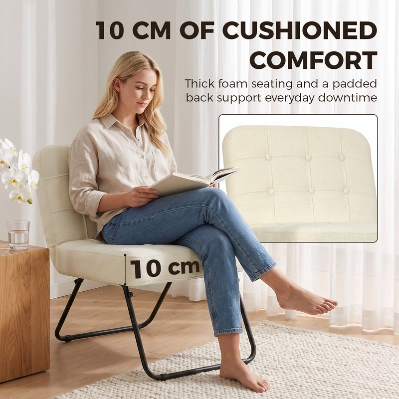 Woman reading on the cream white accent chair with the 10 cm padded seat marked