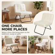 Cream white accent chair shown in a living room, a bedroom and on a patio